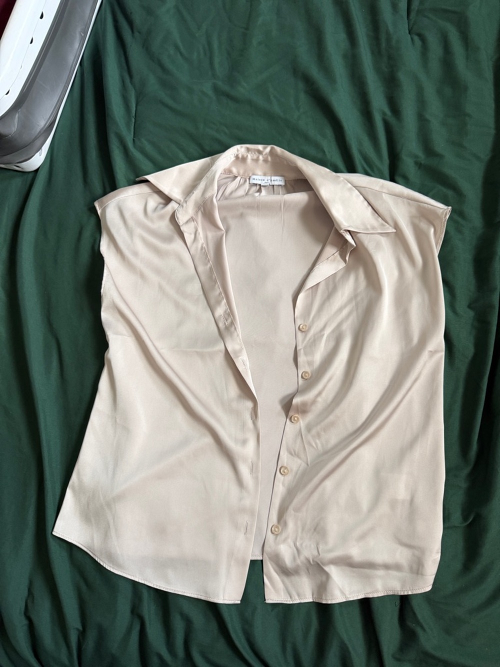Sleeveless Button-Down Satin Blouse in Light Beige